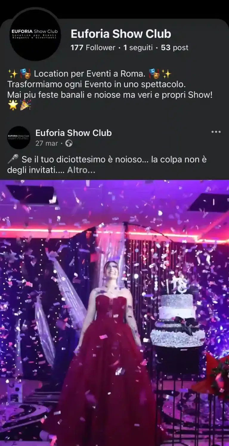 Screenshot del profilo Facebook di EUFORIA Show Club, location per eventi eleganti e divertenti a Roma Sud