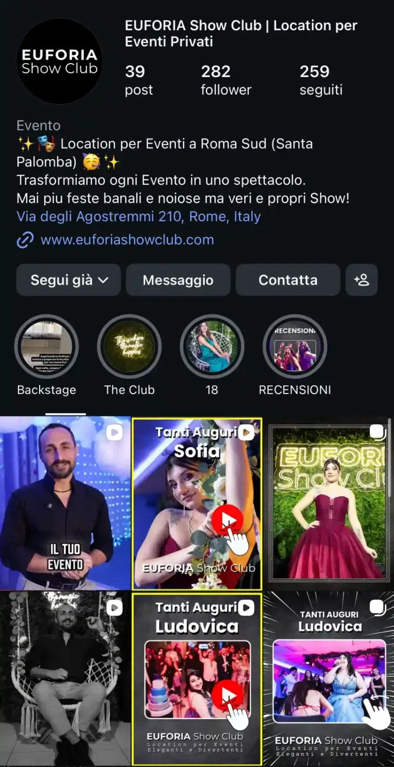 Screenshot del profilo Instagram di EUFORIA Show Club, location per eventi eleganti e divertenti a Roma Sud