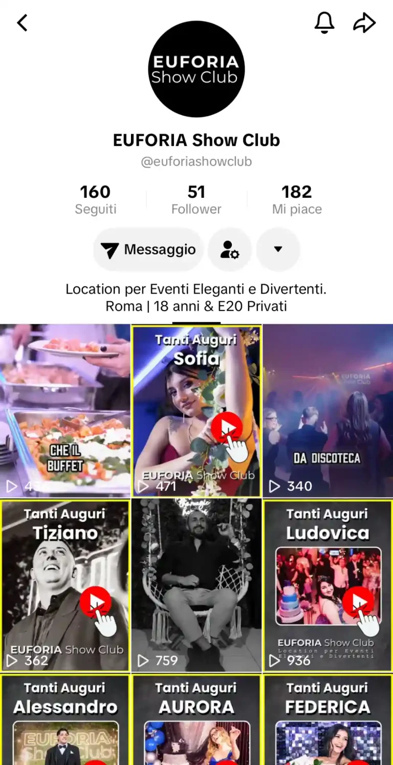 Screenshot del profilo TikTok di EUFORIA Show Club, location per eventi eleganti e divertenti a Roma Sud